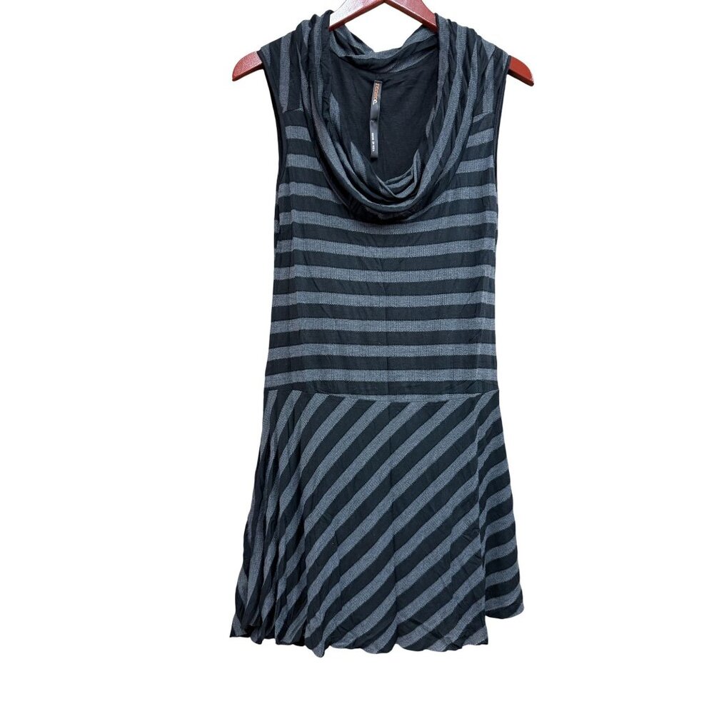 Sleeveless Black & Gray Striped Cowl Neck Tunic Top L